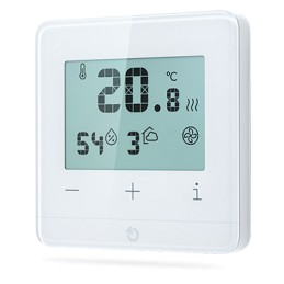 BUS-Raumthermostat JAB JB-112TP misst Temperatur, relative Luftfeuchtigkeit und CO₂ und steuert Heizung, Kühlung und